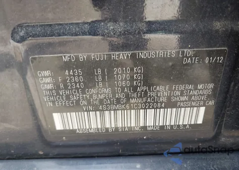 2012 Subaru Legacy 2.5I Limited из США, поврежденный, VIN 4S3BMBK61C3022084